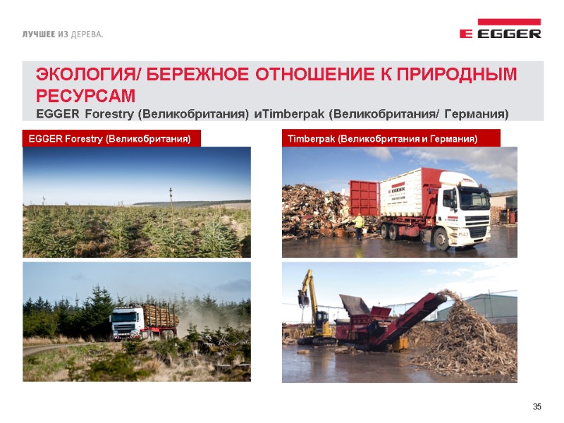 35 ЭКОЛОГИЯ/ БЕРЕЖНОЕ ОТНОШЕНИЕ К ПРИРОДНЫМ РЕСУРСАМ EGGER Forestry (Великобритания) иTimberpak (Великобритания/ Германия)